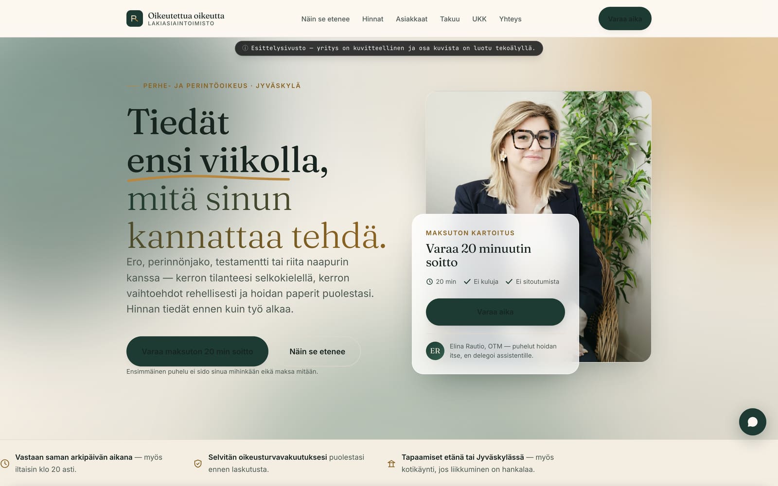 Oikeutettua oikeutta -demosivuston etusivu